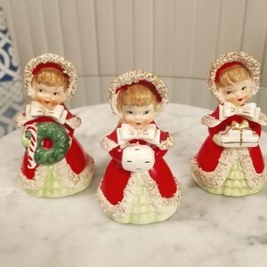Set of 3 Rare Vintage Lefton Christmas Girl Carolers Figurine Bells